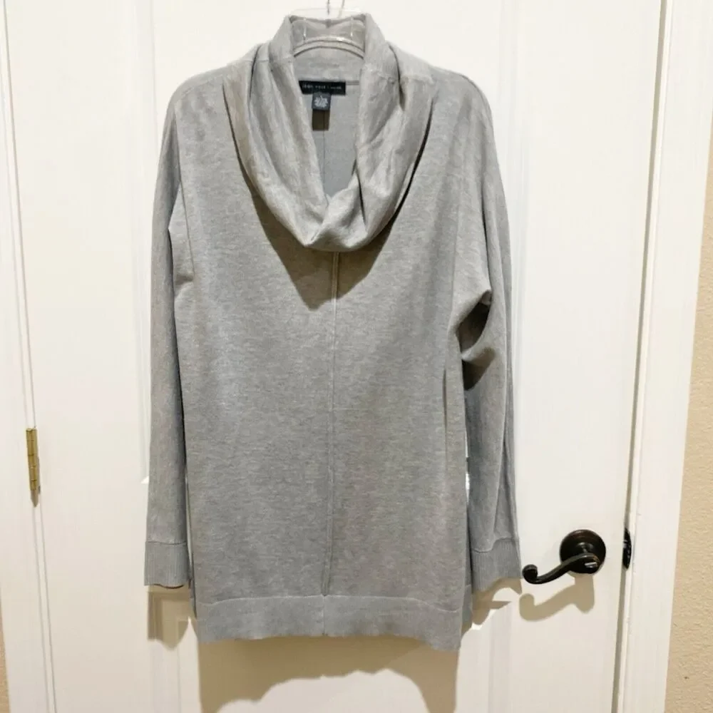 Joan Vass Sweater Gray Grey Cowl Neck Long Line Tunic Length Knit Size Large